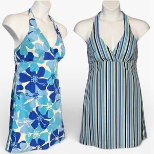 Vintage Y2K Reversible Halter Mini Dress Blue Floral Stripe Back Zip Sz L Summer